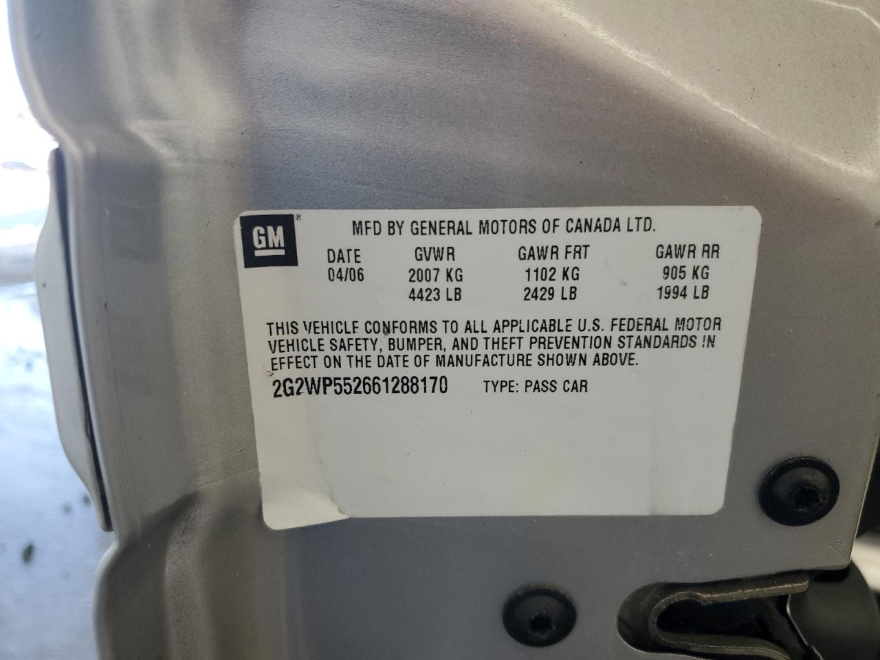 2006 Pontiac Grand Prix VIN: 2G2WP552661288170 Lot: 92887545