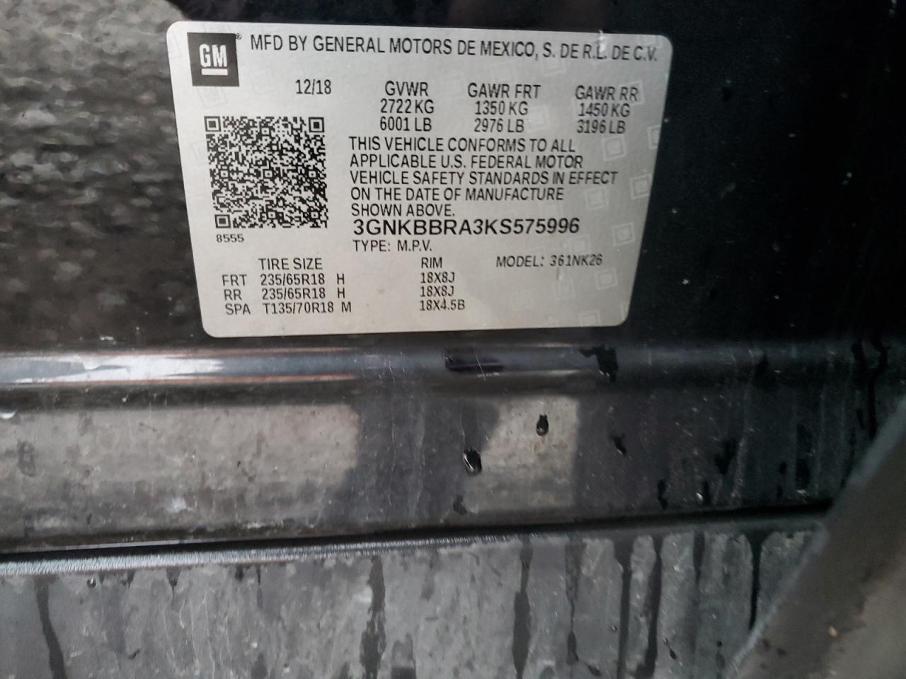 2019 Chevrolet Blazer 1Lt VIN: 3GNKBBRA3KS575996 Lot: 93429895