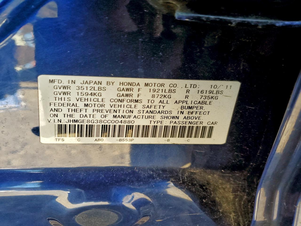 2012 Honda Fit VIN: JHMGE8G38CC004880 Lot: 94219485