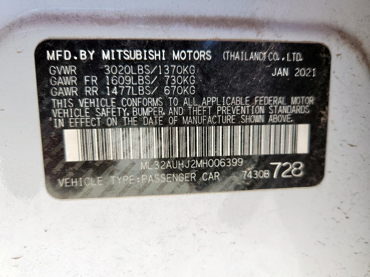 2021 Mitsubishi Mirage Es VIN: ML32AUHJ2MH006399 Lot: 92227785