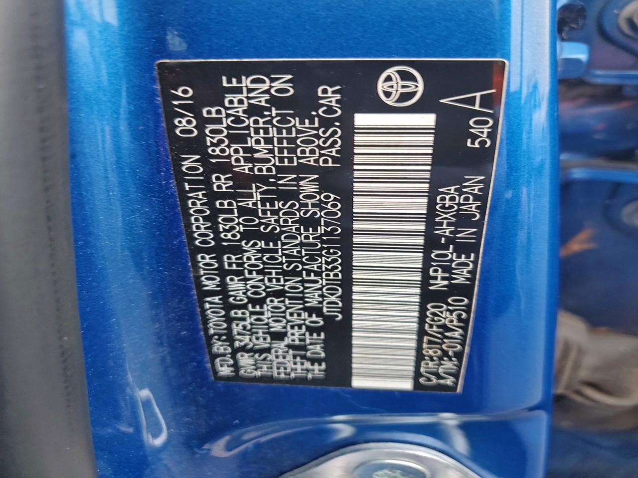 2016 Toyota Prius C VIN: JTDKDTB33G1137069 Lot: 94317995