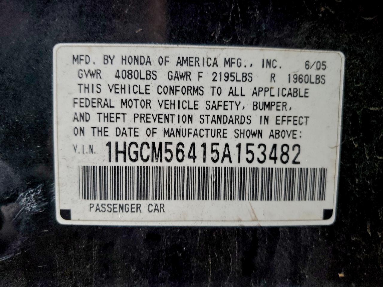 2005 Honda Accord Lx VIN: 1HGCM56415A153482 Lot: 93227685