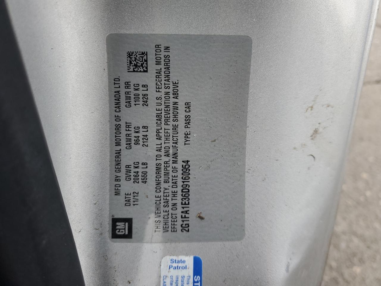 2013 Chevrolet Camaro Ls VIN: 2G1FA1E36D9160954 Lot: 92222255