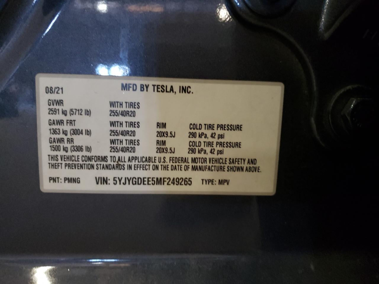 2021 Tesla Model Y VIN: 5YJYGDEE5MF249265 Lot: 91045615