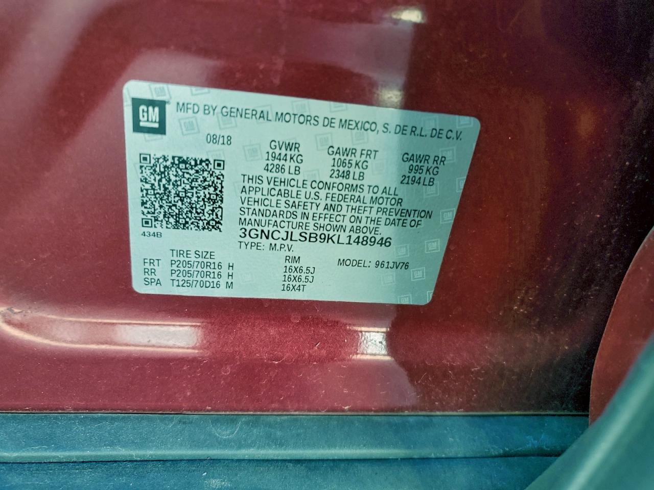 2019 Chevrolet Trax 1Lt VIN: 3GNCJLSB9KL148946 Lot: 94049385