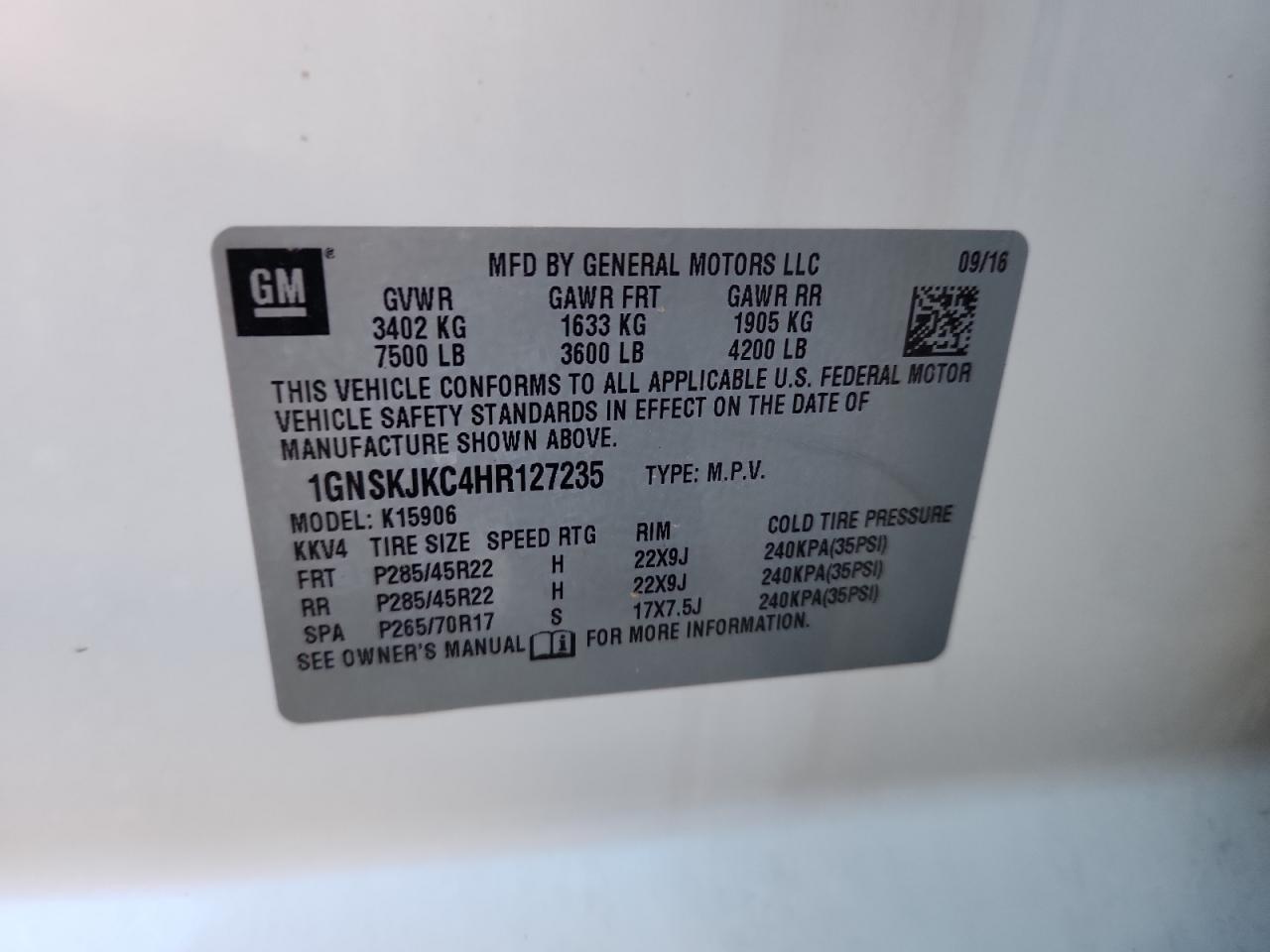 2017 Chevrolet Suburban K1500 Premier VIN: 1GNSKJKC4HR127235 Lot: 92983705