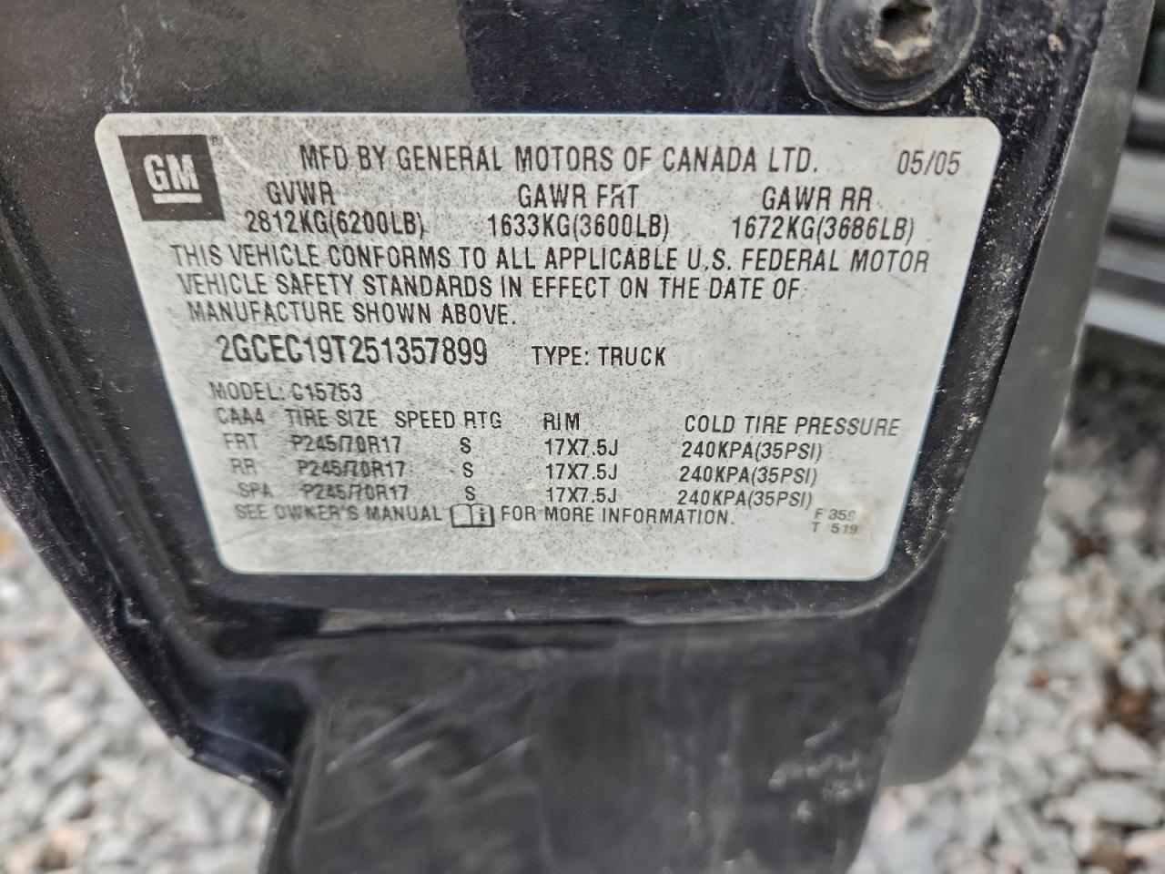 2005 Chevrolet Silverado C1500 VIN: 2GCEC19T251357899 Lot: 94516825