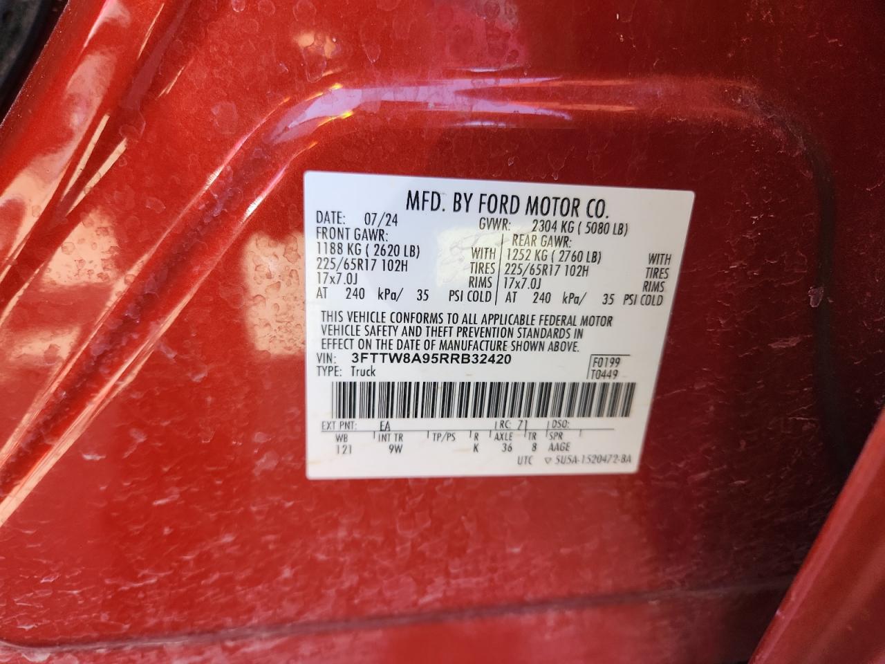 2024 Ford Maverick Xl VIN: 3FTTW8A95RRB32420 Lot: 91652365