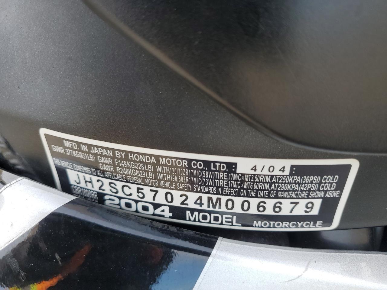 2004 Honda Cbr1000 Rr VIN: JH2SC57024M006679 Lot: 93640765