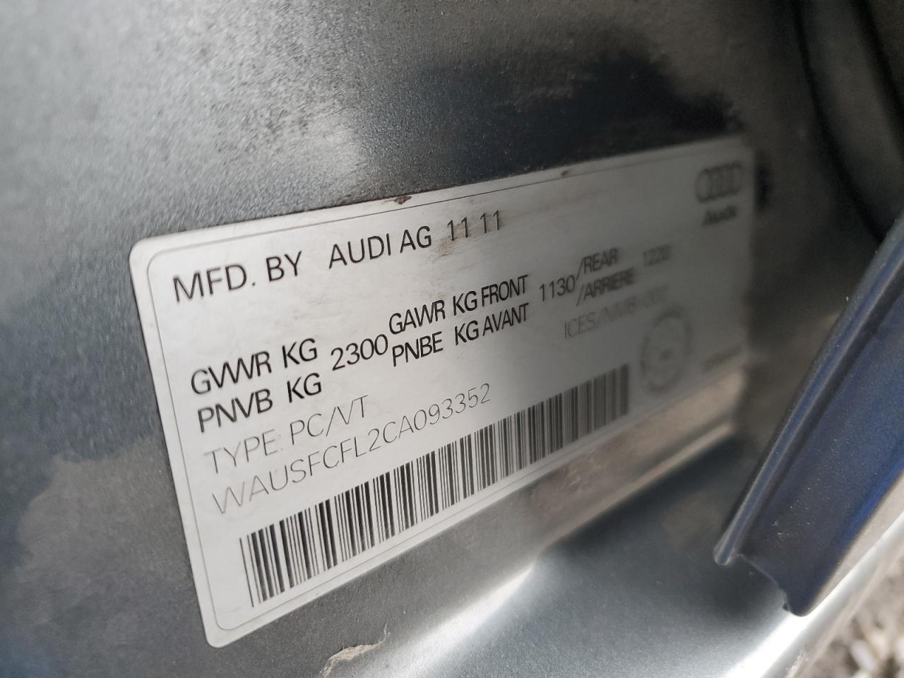 2012 Audi A4 Premium VIN: WAUSFCFL2CA093352 Lot: 91975085