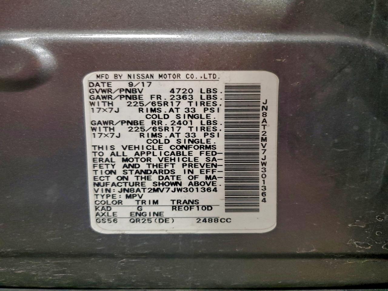 2018 Nissan Rogue S VIN: JN8AT2MV7JW301364 Lot: 94322255