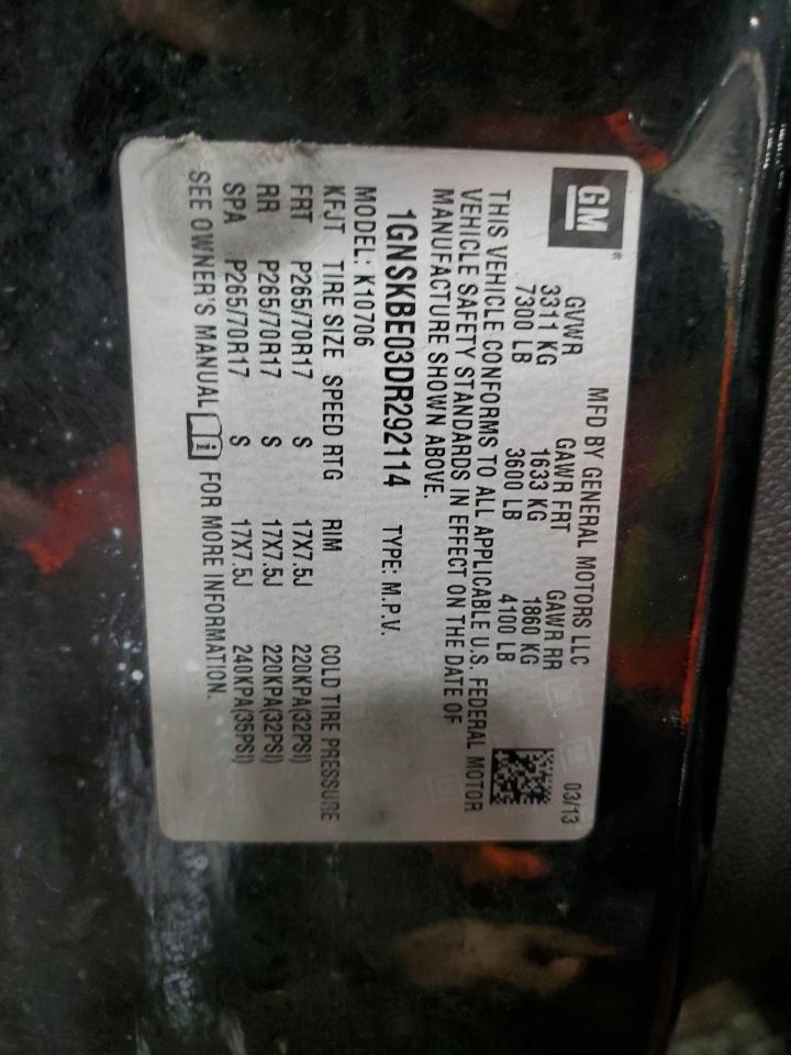 2013 Chevrolet Tahoe K1500 Lt VIN: 1GNSKBE03DR292114 Lot: 92020895