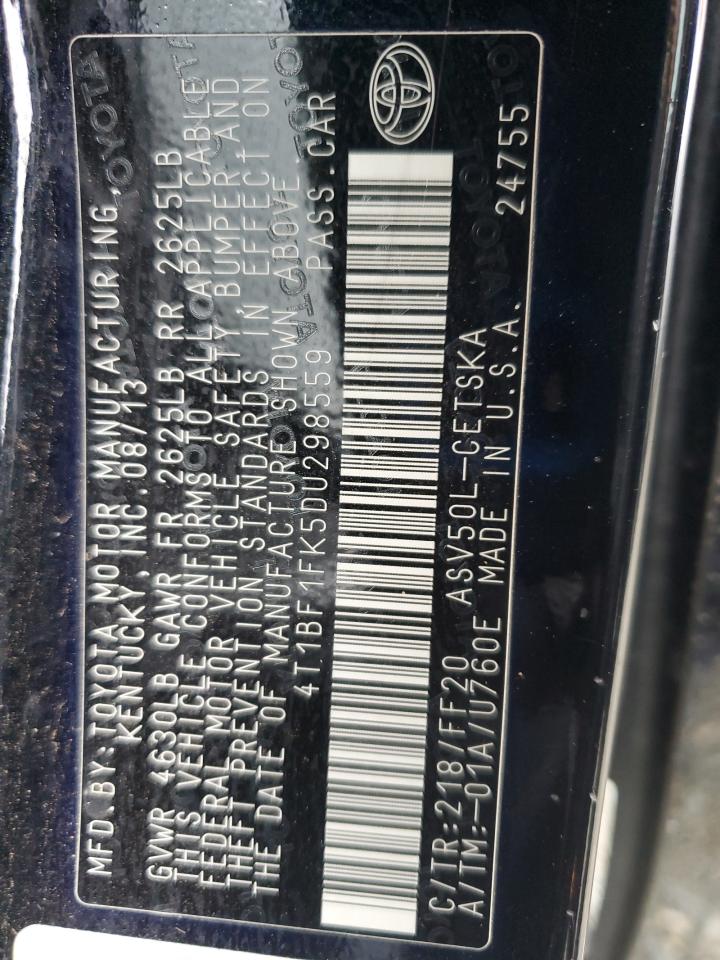 2013 Toyota Camry L VIN: 4T1BF1FK5DU298559 Lot: 92906555