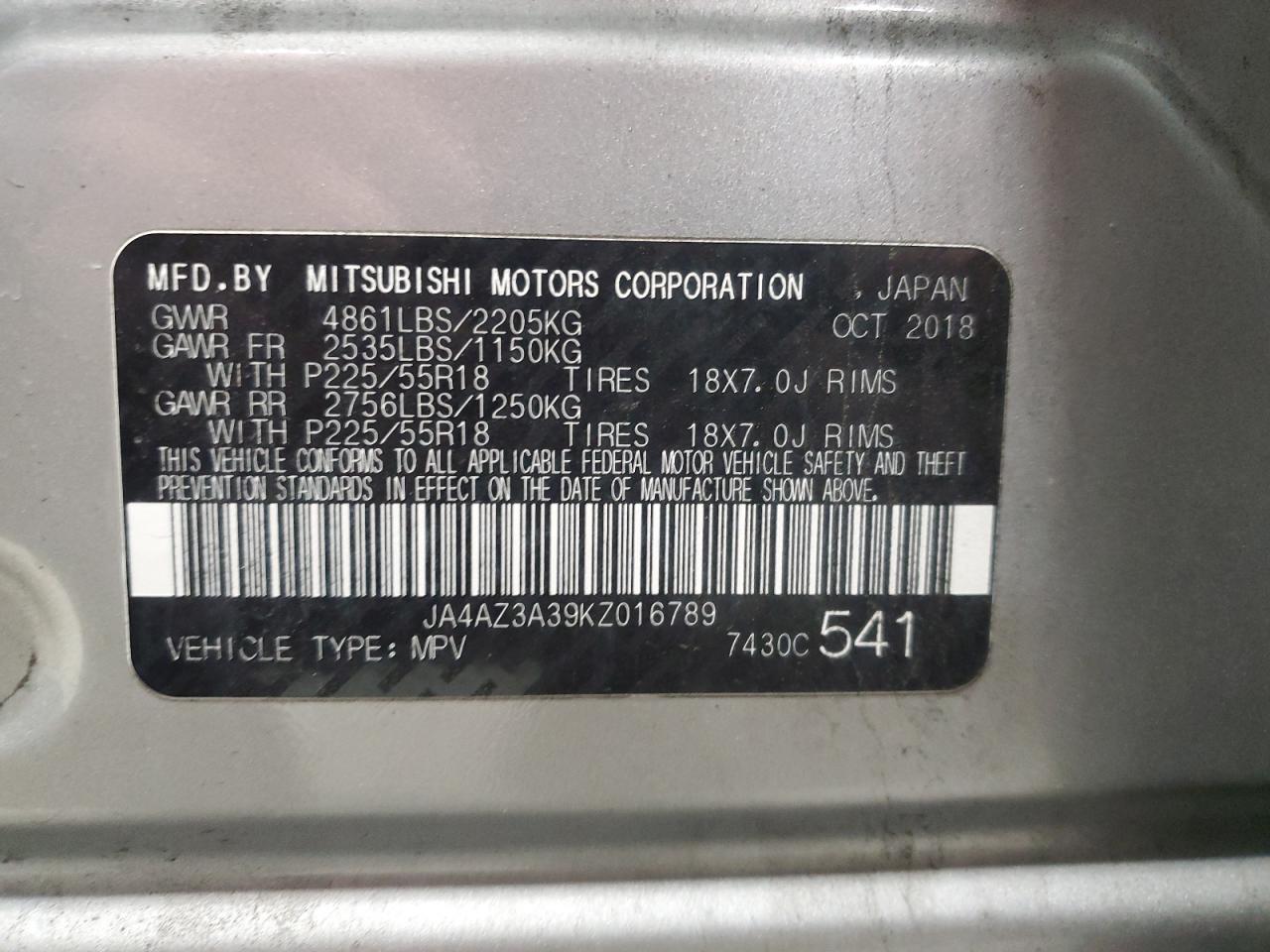 2019 Mitsubishi Outlander Se VIN: JA4AZ3A39KZ016789 Lot: 93812995