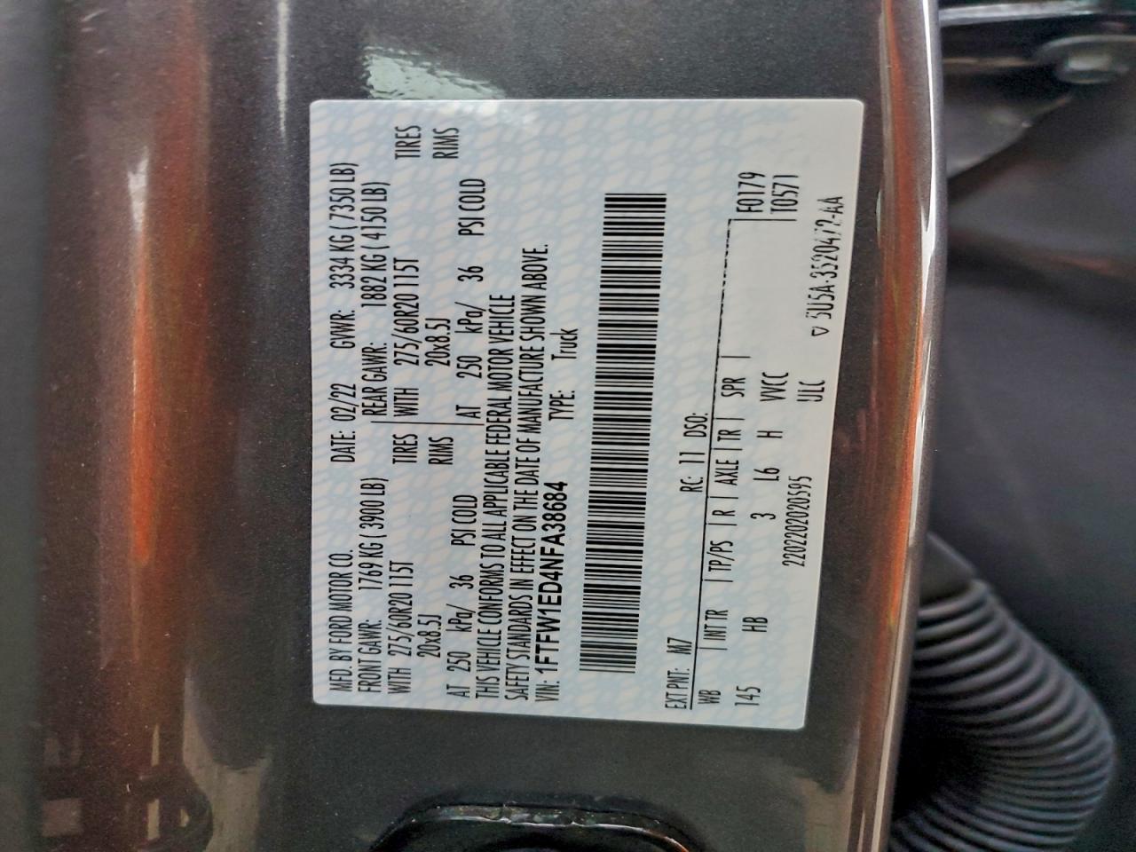 2022 Ford F150 Supercrew VIN: 1FTFW1ED4NFA38684 Lot: 94086695