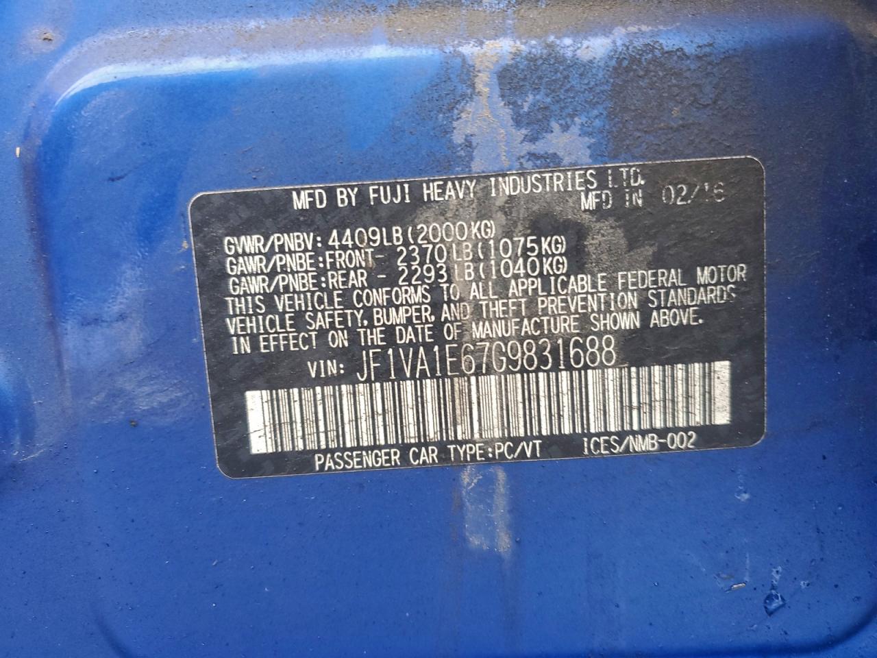 2016 Subaru Wrx Premium VIN: JF1VA1E67G9831688 Lot: 94457345