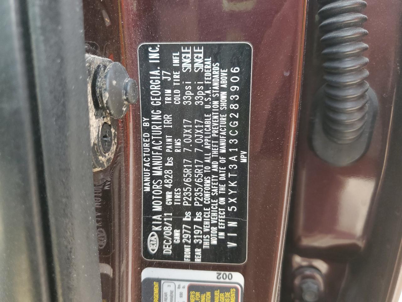 2012 Kia Sorento Base VIN: 5XYKT3A13CG283906 Lot: 93300105