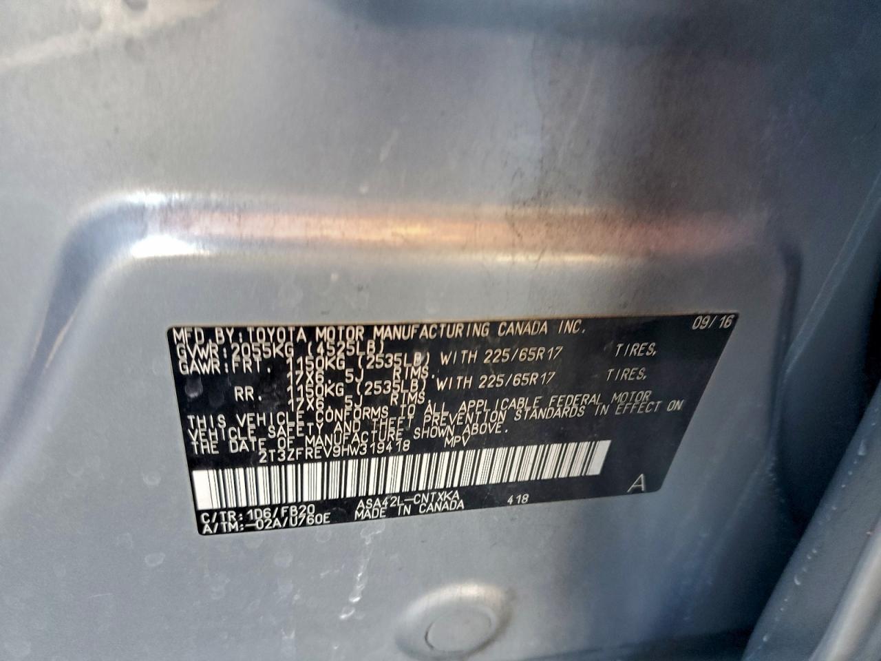 2017 Toyota Rav4 Le VIN: 2T3ZFREV9HW319418 Lot: 94363555