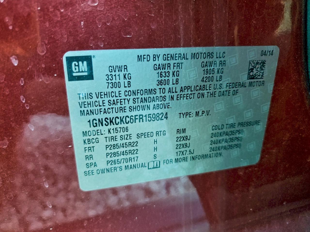 2015 Chevrolet Tahoe K1500 Ltz VIN: 1GNSKCKC6FR159824 Lot: 93486315