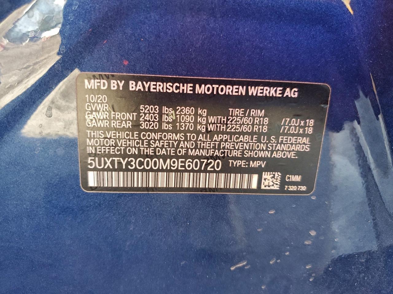 2021 BMW X3 Sdrive30I VIN: 5UXTY3C00M9E60720 Lot: 93826215