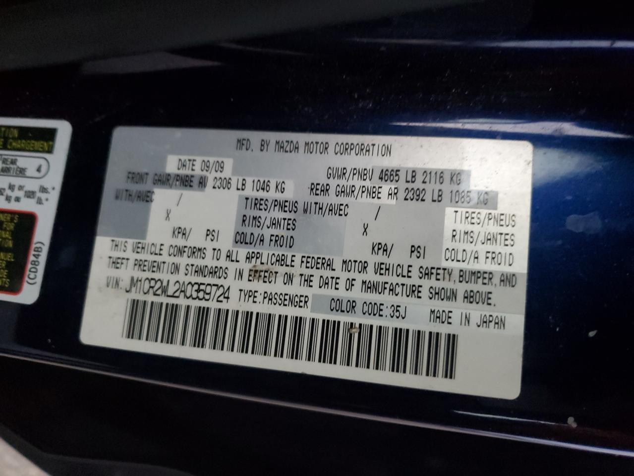 2010 Mazda 5 VIN: JM1CR2WL2A0359724 Lot: 91353535