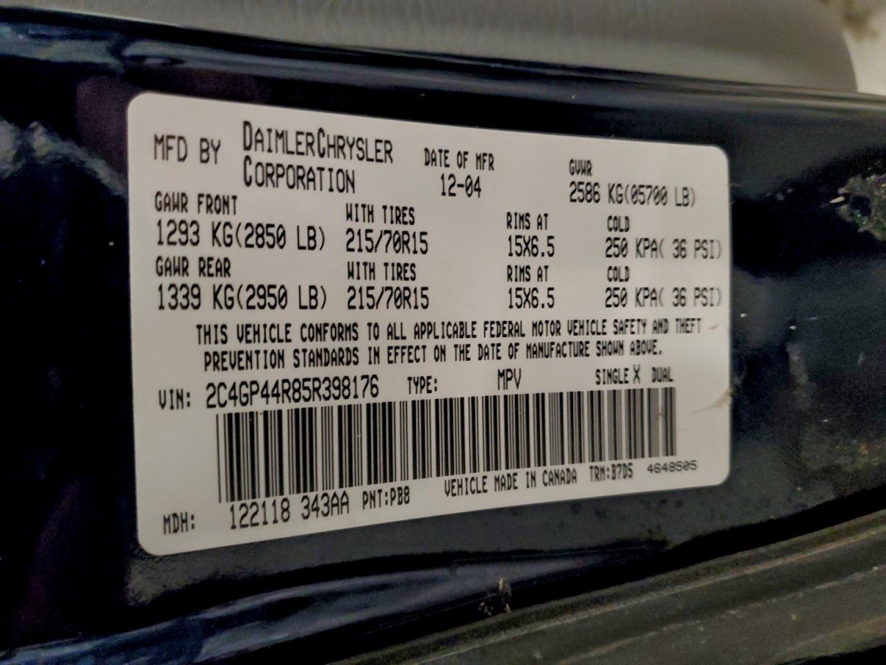 2005 Chrysler Town & Country Lx VIN: 2C4GP44R85R398176 Lot: 93988635