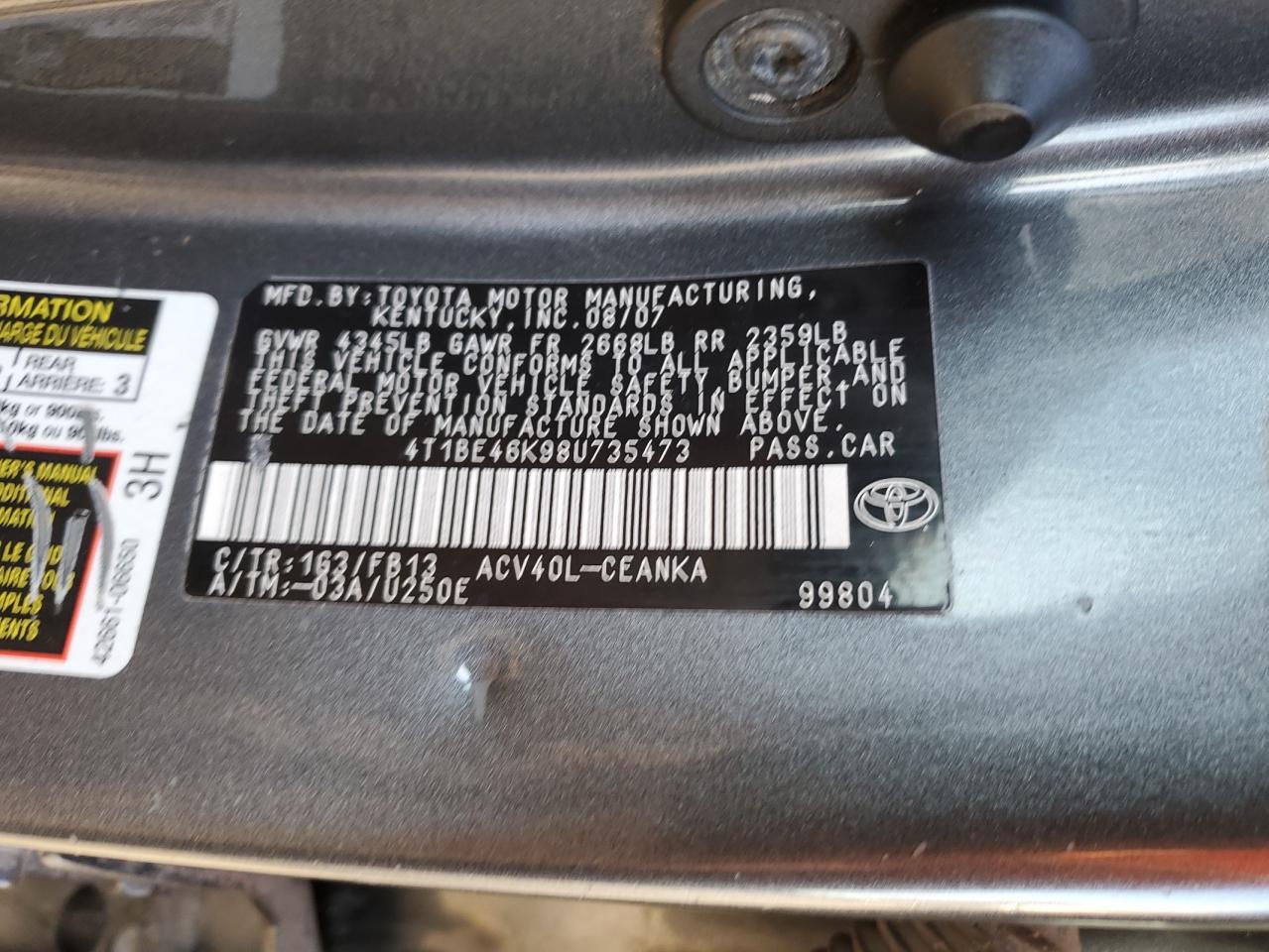 2008 Toyota Camry Ce VIN: 4T1BE46K98U735473 Lot: 93009665