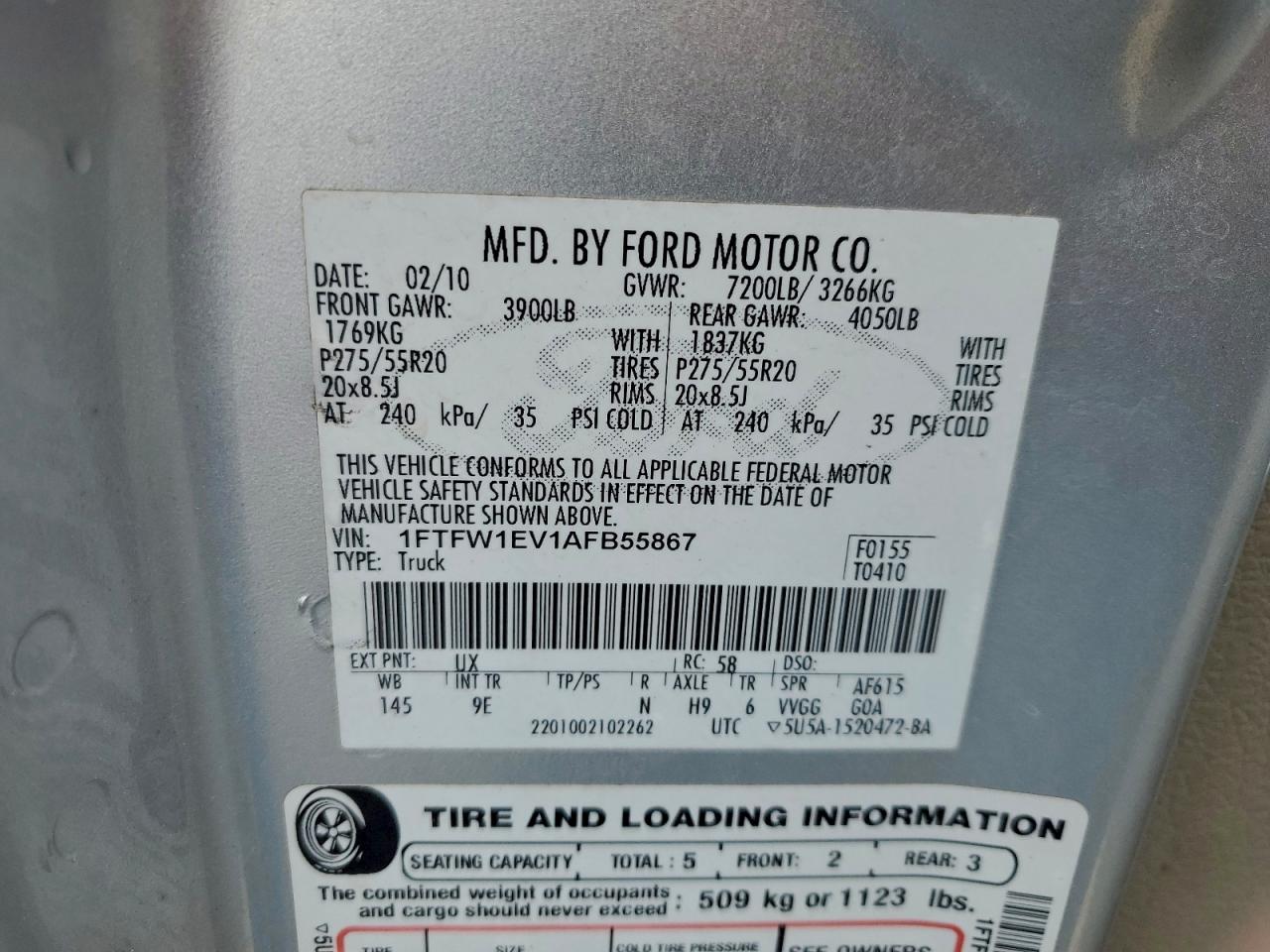 2010 Ford F150 Supercrew VIN: 1FTFW1EV1AFB55867 Lot: 93396905