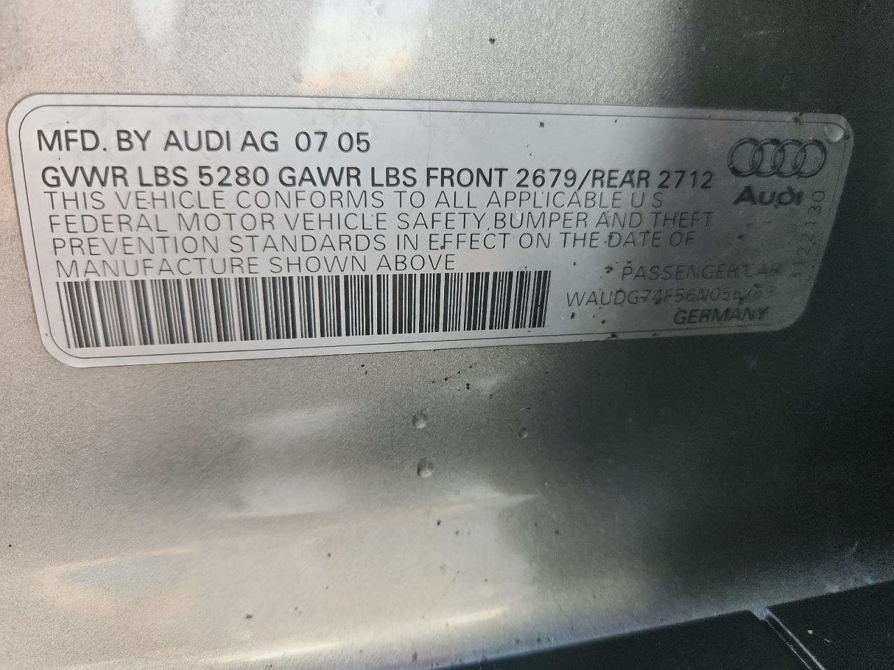 2006 Audi A6 3.2 Quattro VIN: WAUDG74F56N056769 Lot: 92745815