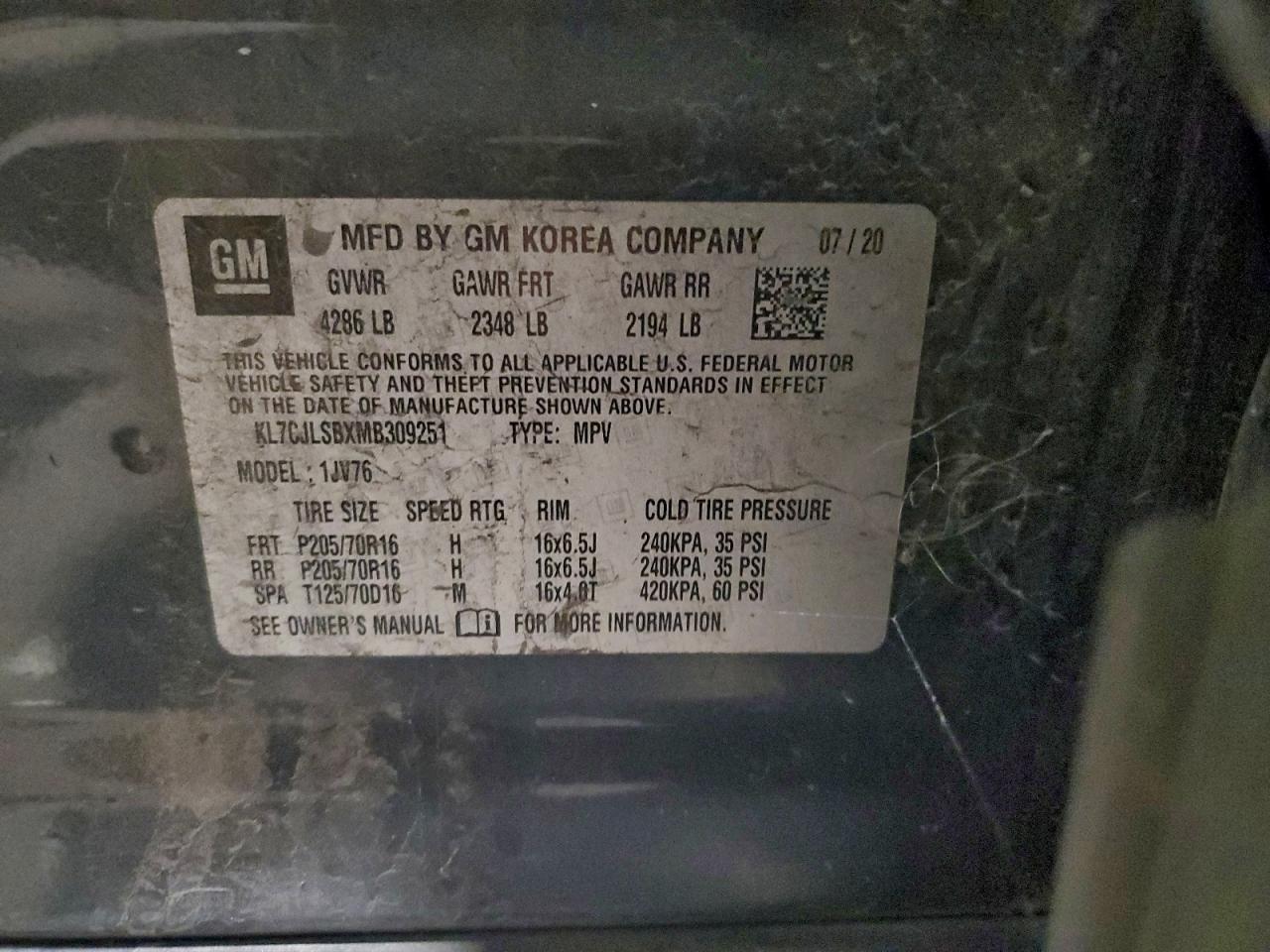 2021 Chevrolet Trax 1Lt VIN: KL7CJLSBXMB309251 Lot: 93920405