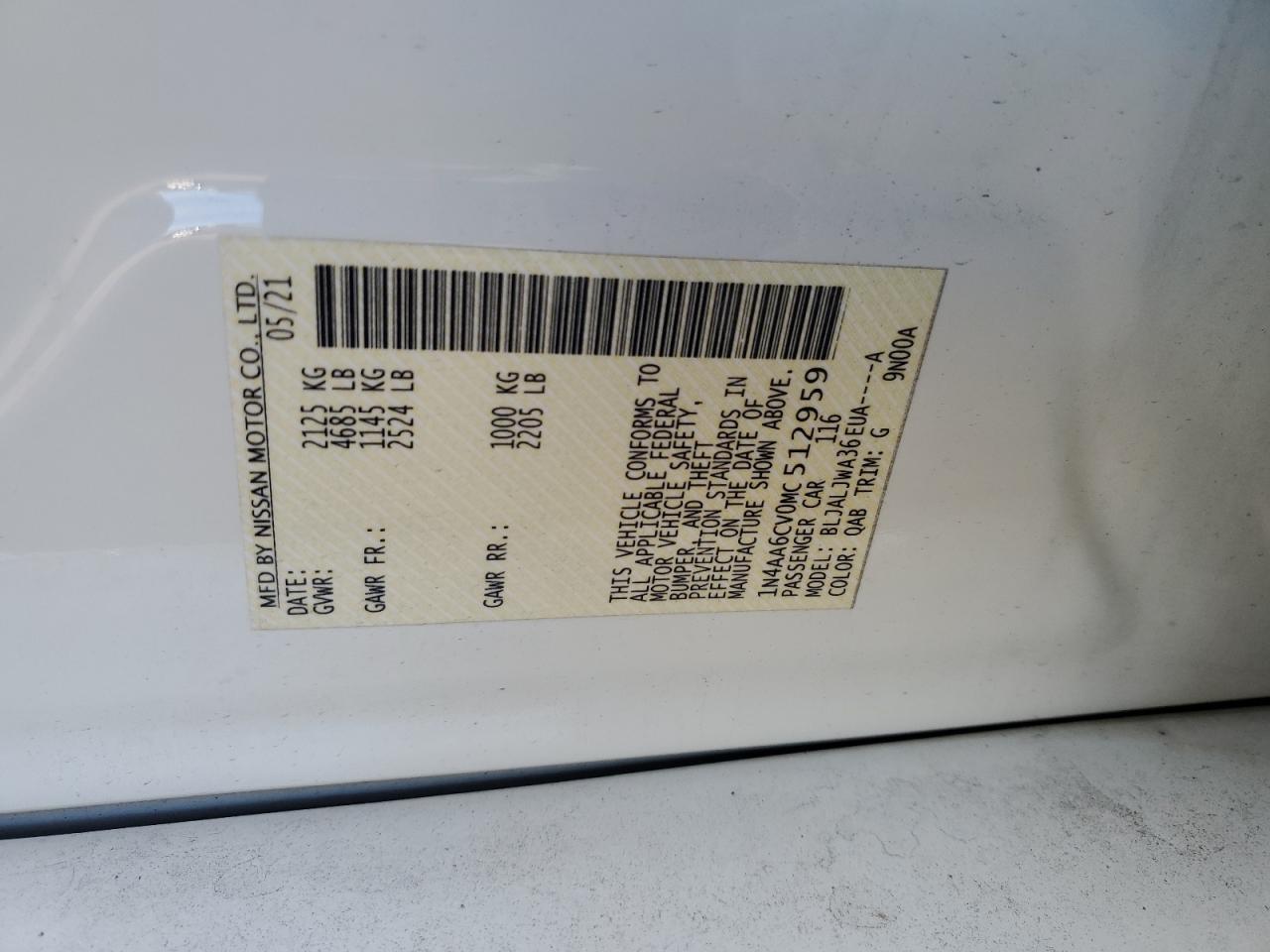 2021 Nissan Maxima Sv VIN: 1N4AA6CV0MC512959 Lot: 92309775