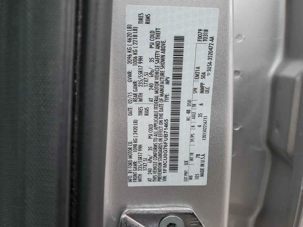 2015 Ford Escape Se VIN: 1FMCU0G76FUB71465 Lot: 91643735