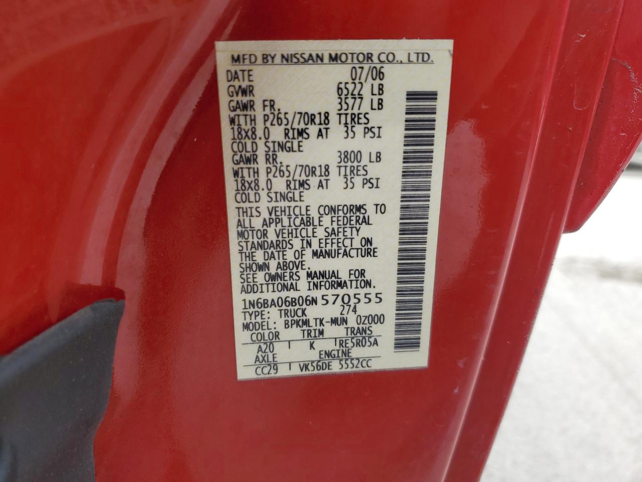 2006 Nissan Titan Xe VIN: 1N6BA06B06N570555 Lot: 92566115