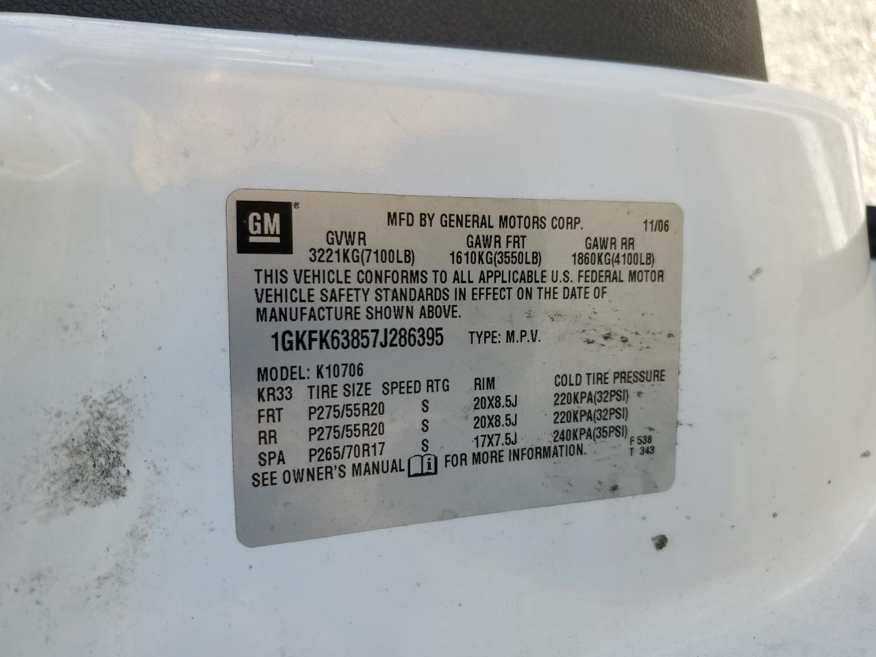 2007 GMC Yukon Denali VIN: 1GKFK63857J286395 Lot: 93274055