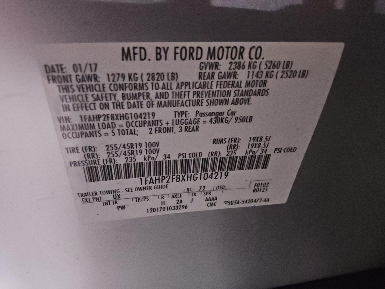 2017 Ford Taurus Limited VIN: 1FAHP2F8XHG104219 Lot: 91406825