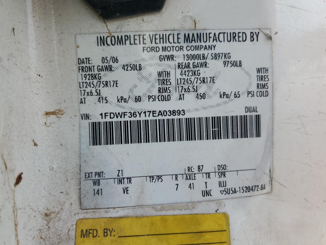 2007 Ford F350 Super Duty Bucket Truck VIN: 1FDWF36Y17EA03893 Lot: 92784405