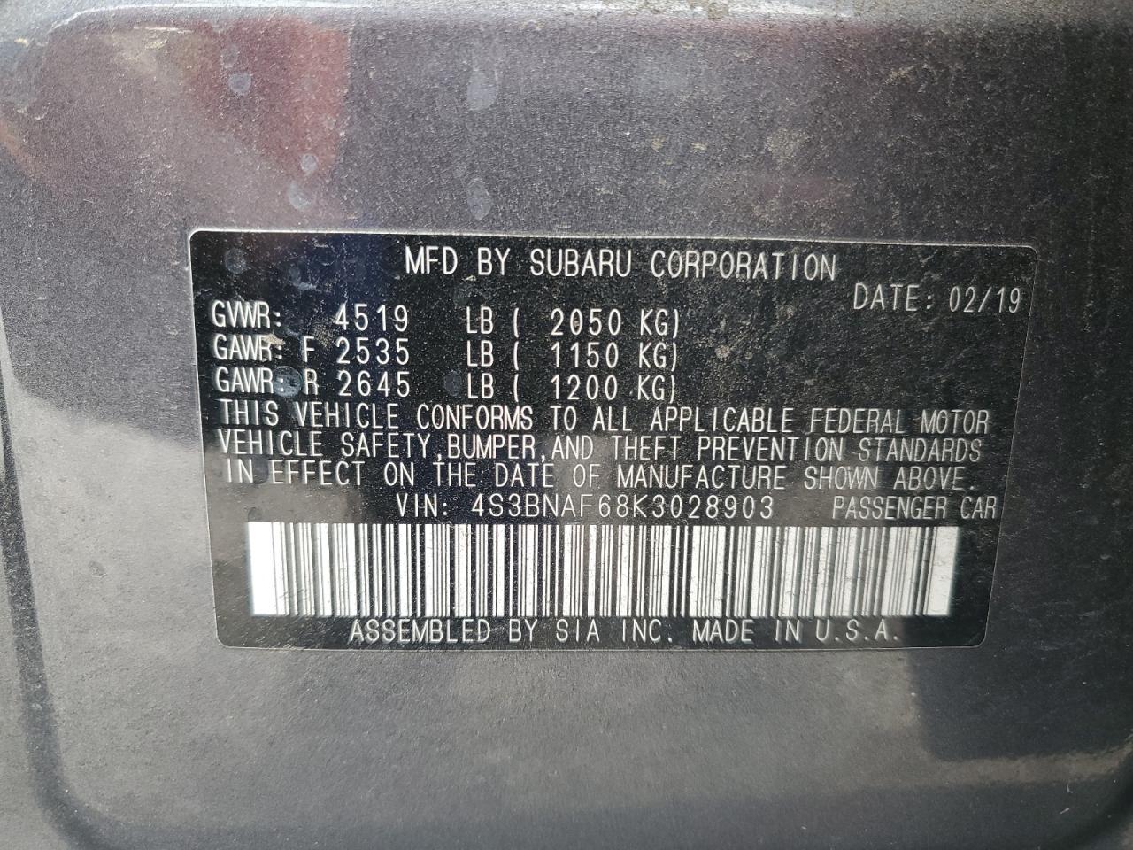 2019 Subaru Legacy 2.5I Premium VIN: 4S3BNAF68K3028903 Lot: 92734455