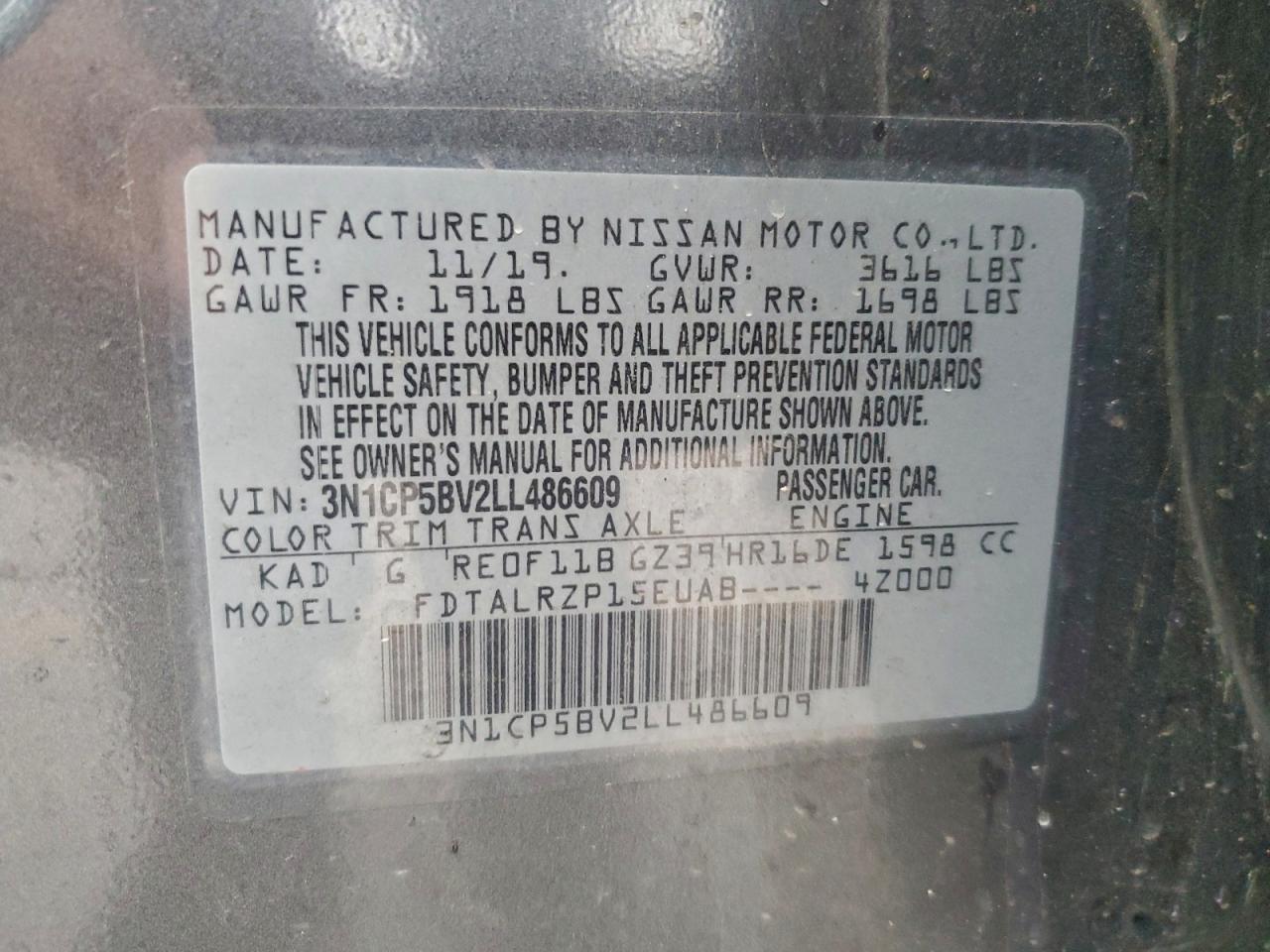 2020 Nissan Kicks S VIN: 3N1CP5BV2LL486609 Lot: 93371255