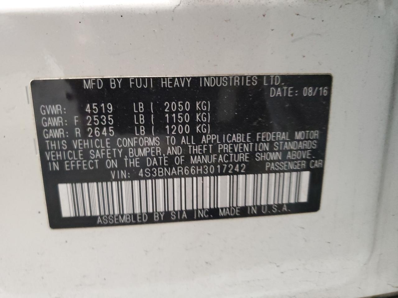 2017 Subaru Legacy Sport VIN: 4S3BNAR66H3017242 Lot: 90940305