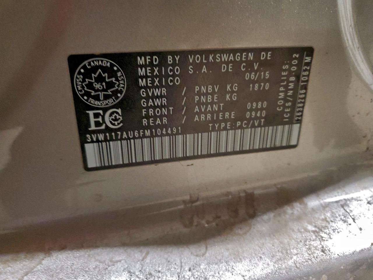 2015 Volkswagen Golf VIN: 3VW117AU6FM104491 Lot: 92762865