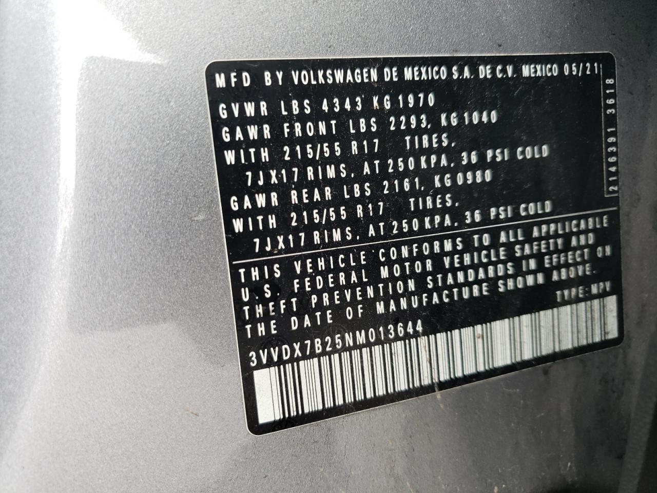 2022 Volkswagen Taos S VIN: 3VVDX7B25NM013644 Lot: 91494995