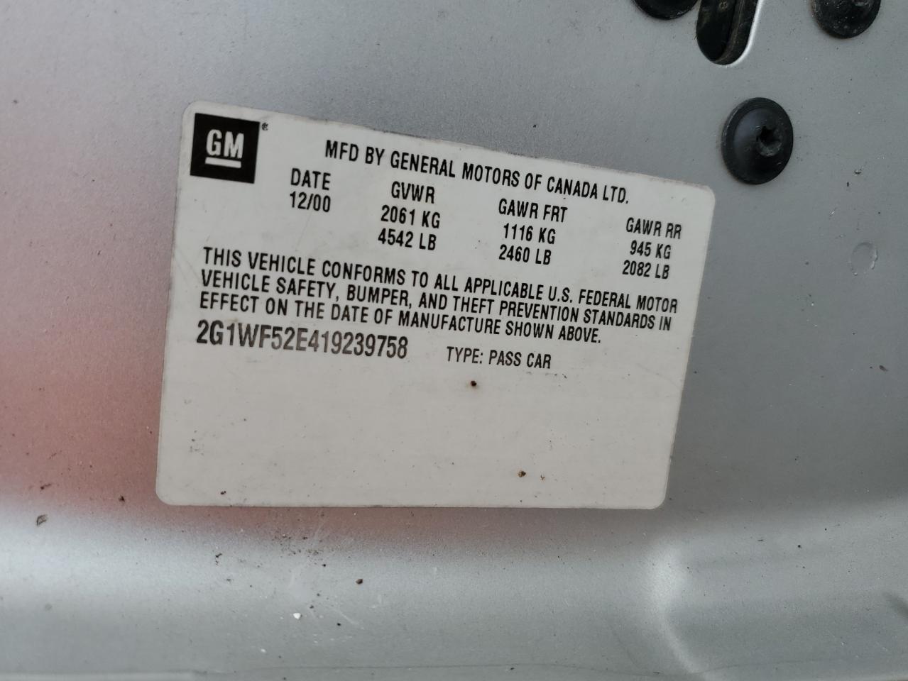 2001 Chevrolet Impala VIN: 2G1WF52E419239758 Lot: 91674815