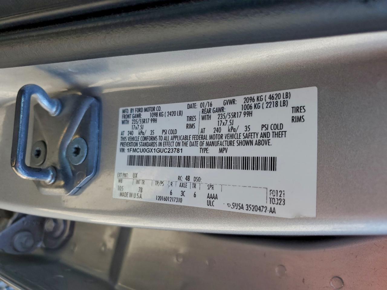 2016 Ford Escape Se VIN: 1FMCU0GX1GUC23781 Lot: 94647065