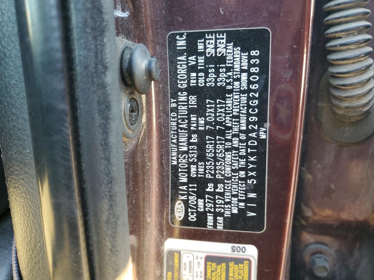 2012 Kia Sorento Base VIN: 5XYKTDA29CG260838 Lot: 92646545