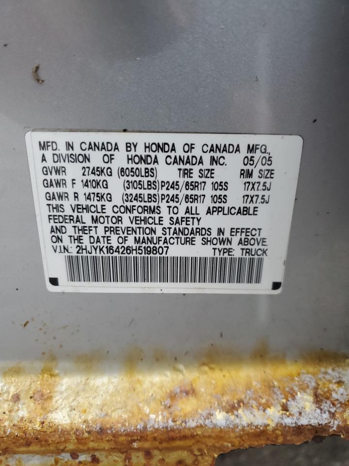 2006 Honda Ridgeline Rts VIN: 2HJYK16426H519807 Lot: 91907335