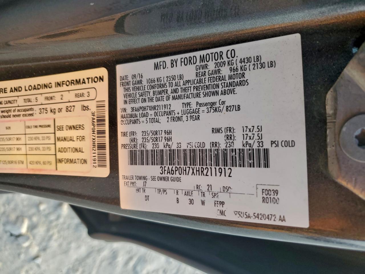 2017 Ford Fusion Se VIN: 3FA6P0H7XHR211912 Lot: 93690735