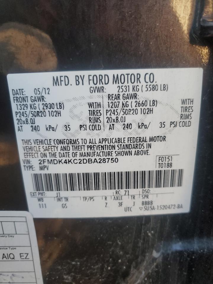 2013 Ford Edge Limited VIN: 2FMDK4KC2DBA28750 Lot: 93110505