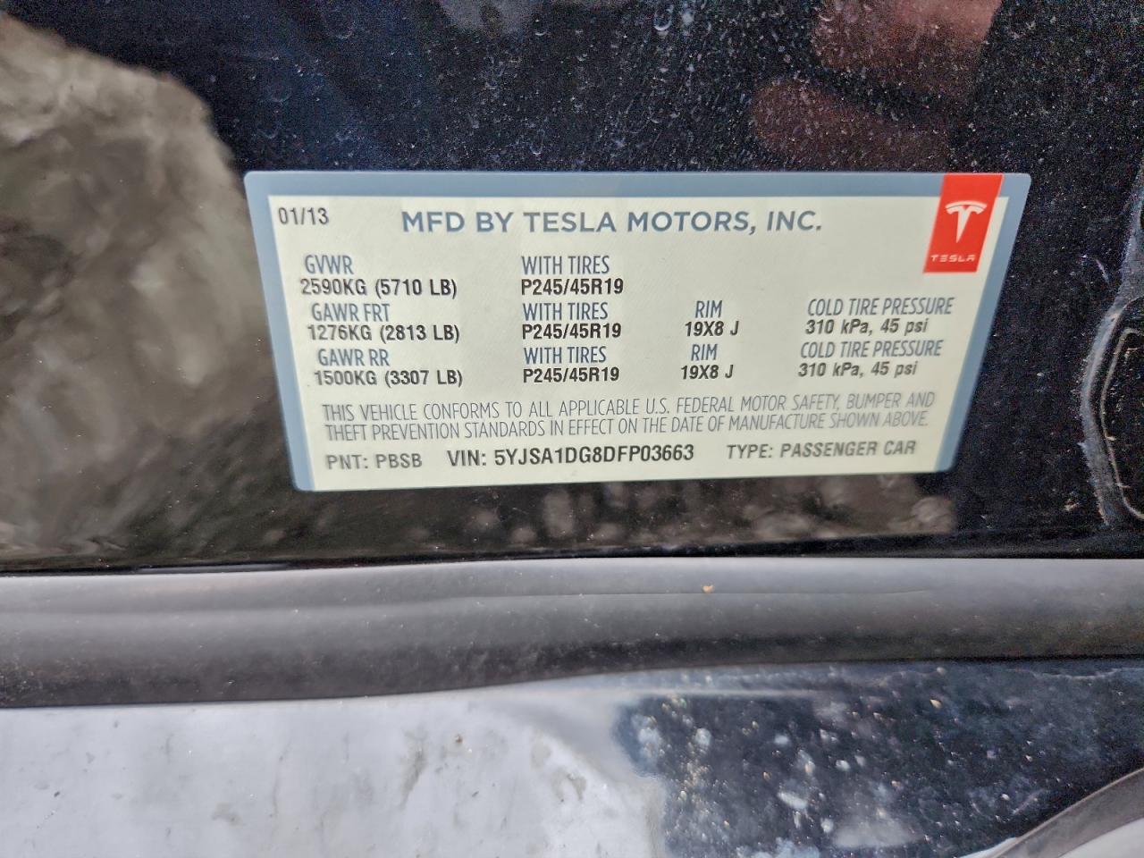 2013 Tesla Model S VIN: 5YJSA1DG8DFP03663 Lot: 94360345