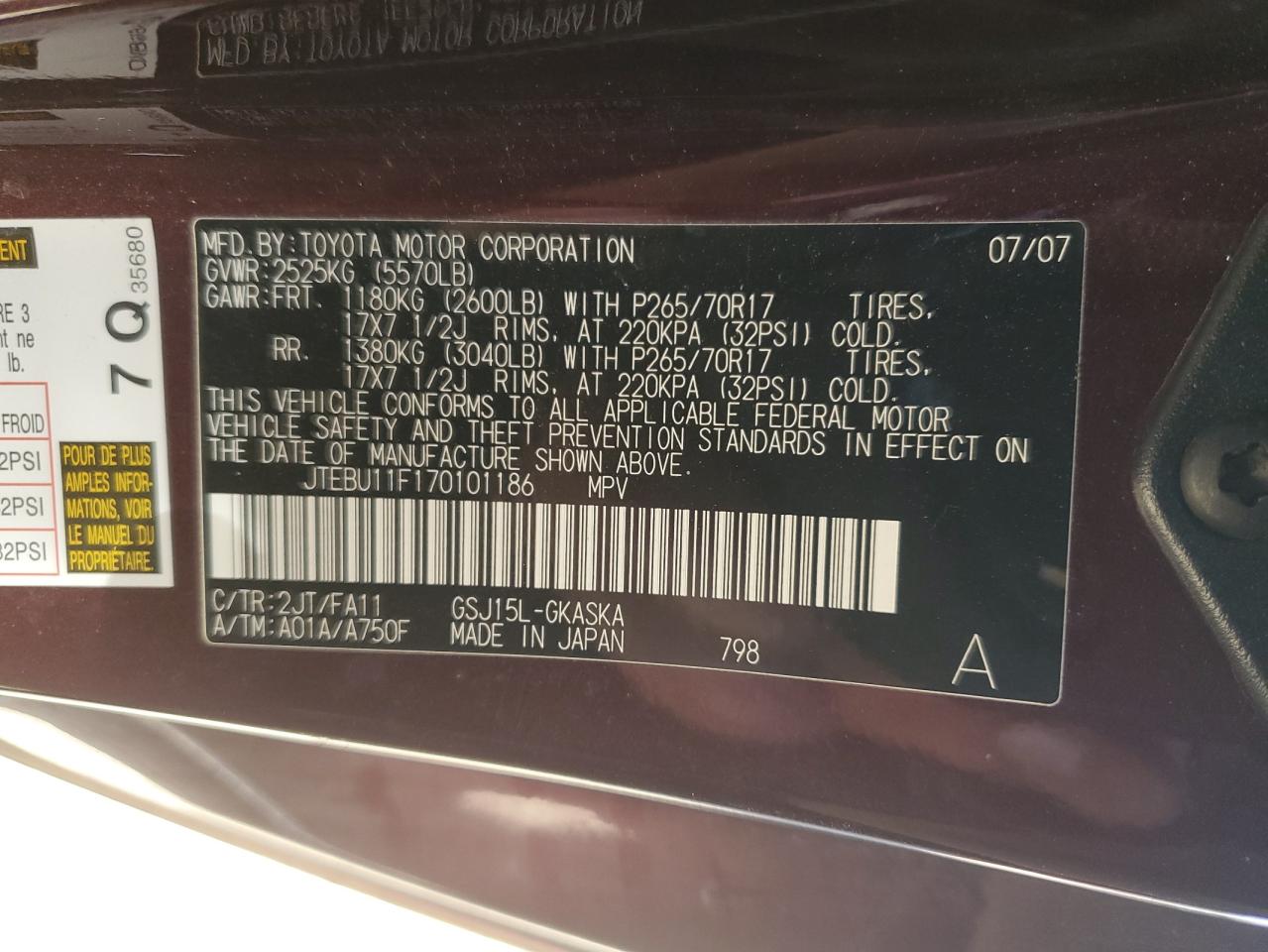 2007 Toyota Fj Cruiser VIN: JTEBU11F170101186 Lot: 93660135