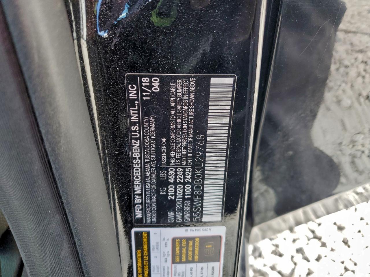 2019 Mercedes-Benz C 300 VIN: 55SWF8DB0KU297681 Lot: 94356135